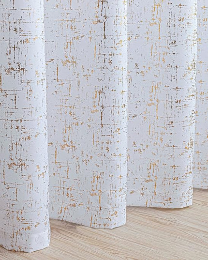 Taisier Home Gold Foil Print Linen Textured Curtains Geometric Dots Pattern Design Curtains for Nursery Toy Room Thermal Insulated Window Treatment 2 Panels 54" L,White and Gold Curtains Print