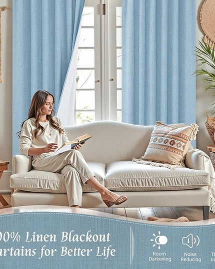 LAMIT Linen 100% Blackout Window Curtains for Bedroom, 45 Inches Linen Textured Thermal Farmhouse Curtains Back Tab and Rod Pocket Window Panels with White Liner, 2 Panels, 38 x 45 Inch, Stone Blue