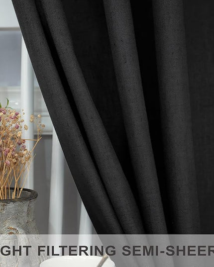 Pitalk 102 Inch Long Curtains Black for Living Room Dinning 2 Panel Set Back Tab Pocket Light Filtering Large Window Drape Boho Modern Farmhouse Linen Curtain 102 Length for Sliding Glass Door Bedroom