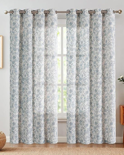 Lazzzy Linen Farmhouse Curtains for Living Room 108 Inch Length Floral Print Window Curtains Semi Sheer Drapes for Bedroom Country Light Filtering Curtain Grommet Top 2 Panels Blue on Beige