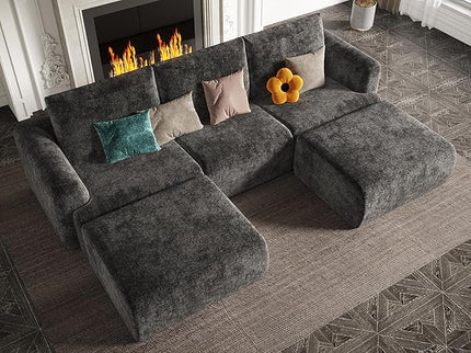 EASE MOOSE Cloud Couch Sectional Sofa, Large U-Shaped Oversized Modular Couch for Living Room, Minimalist Boneless Convertible Couches with Ottoman, 5-Seat Deep Sofa for Bedroom, Chenille (Dark Grey)