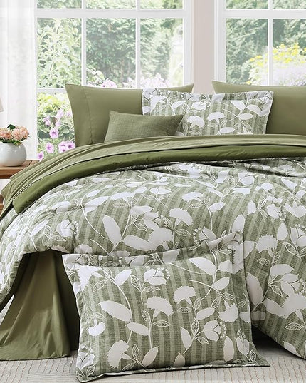 Full Comforter Set -7 Pieces Botanical Olive Green Comforter Set for All Seasons, Bed in a Bag Full with Flowers Floral Comforter, Sheets, Pillowcases & Shams