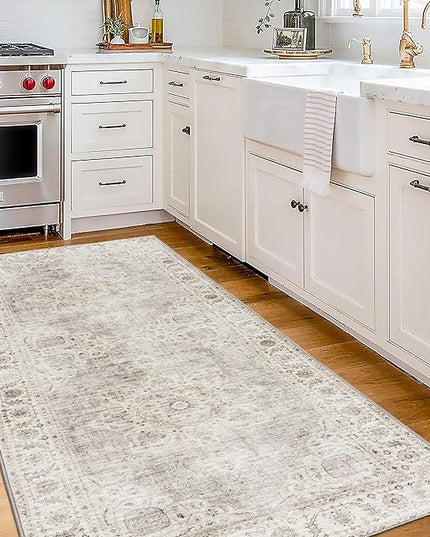 ReaLife Rugs Machine Washable Area Rug Runner - Living Room Bedroom Bathroom Kitchen Entryway Office - Padded Low Pile Stain Resistant Premium - Boho Farmhouse Vintage - Joy - Beige Ivory 2'6" x 8'