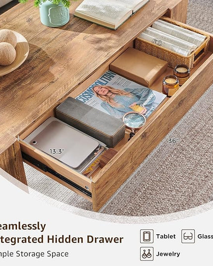 OKD 48" Modern Farmhouse Coffee Table, Wooden Living Room Table with Hidden Storage Drawer, Rustic Rectangular Center Tables w/Wood Thick Design for Living Room, Office, Gold Rustic Brown