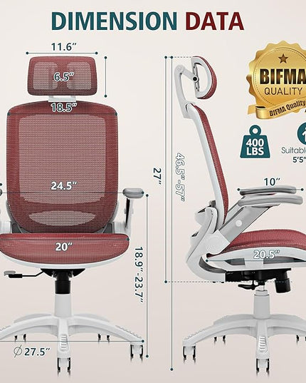 GABRYLLY Ergonomic Office Chair, High Back Home Desk Chair with Headrest, Flip-Up Arms, 90-120° Tilt Lock and Wide Cushion, 400LBS Mesh Chairs for Man Woman, White Task Chair(Red,GY01WR)