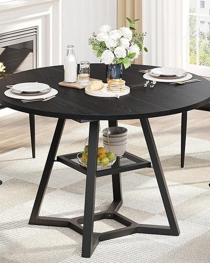 Round Dining Table for 4, Kitchen Tables Dining Room Circle Dinner Table with Pedestal Metal Frame, Space Saving Wood Industrial Kitchen & Dining Room Tables, Black 47In