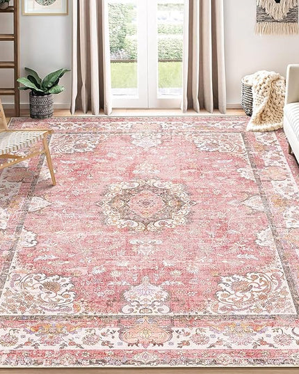 8'x10' Area Rugs Washable,Pink Rug for Living Room Bedroom Dining Room,Large Boho Vintage Bohemian Distressed Oriental Carpet Non Slip,Blush Floral Flowers