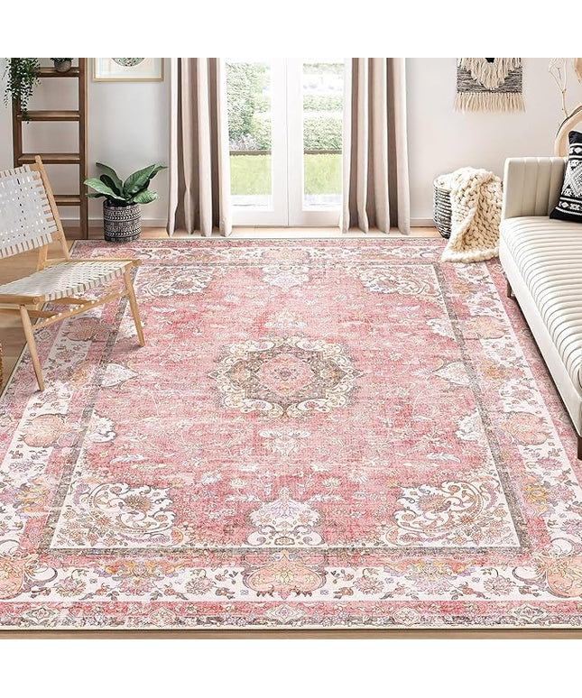 8'x10' Area Rugs Washable,Pink Rug for Living Room Bedroom Dining Room,Large Boho Vintage Bohemian Distressed Oriental Carpet Non Slip,Blush Floral Flowers