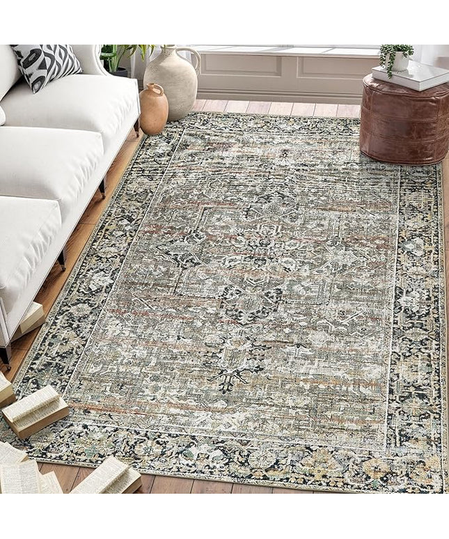 ReaLife Rugs Machine Washable Area Rug Runner - Living Room Bedroom Bathroom Kitchen Entryway Office - Padded Low Pile Stain Resistant Premium - Boho Farmhouse Vintage - Lyle - Brown 3' x 5'