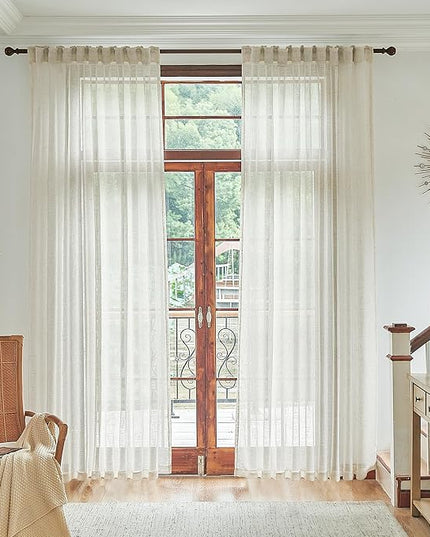Natural Cream Linen Sheer Curtains 72 Inch Width 2 Panel Set Back Tab Rod Pocket Light Filter Semi Sheer Long Skinny Curtains for Living Room Rustic Farmhouse Decor Off White Ivory Wide 72 x 96 Long