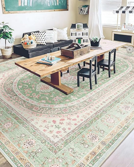 9x12 Area Rugs Washable,Green Rug for Living Room Bedroom Dining Room,Large Boho Vintage Bohemian Distressed Oriental Carpet Non Slip,Sage Blush Floral