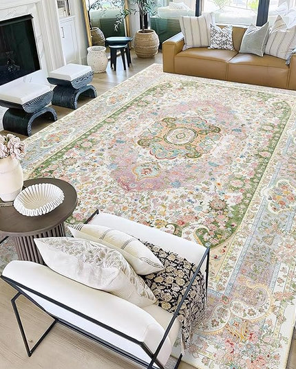 9x12 Area Rugs Washable,Pink Rug for Living Room Bedroom Dining Room,Large Boho Vintage Bohemian Distressed Carpet Non Slip,Blush Green