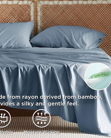 Bedsure Full Size Bed Sheets, Cooling Sheets, Rayon Derived from Bamboo, Breathable & Soft, Deep Pocket Up to 16 Inches, Hotel Luxury Silky Bedding for Hot Sleepers, Dusty Blue