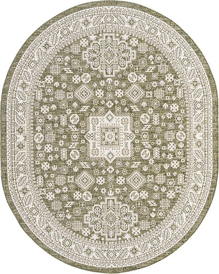 Rugs.com Outdoor Aztec Collection Rug – 8' x 10' Oval Green Flatweave Rug Perfect for Living Rooms, Large Dining Rooms, Open Floorplans