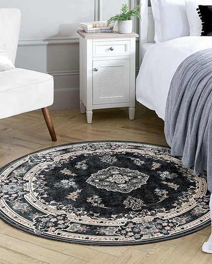 MUJOO Black Round Rug 4ft,Circle Washable Area Rugs for Bedroom Living Room Bathroom,Vintage Bohemian Distressed Farmhouse Non Slip Circular Carpet,Floral