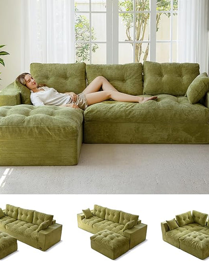 MAXYOYO 104" L Shaped Modular Sectional Sofa with Ottoman, Cloud Boneless Couch with Layered Cushion, Upholstered Sofa in a Box, Flexible Module Combination for Living Room, No Assembly, Green