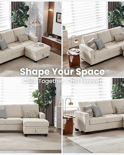CHIC HOUSE Corduroy Modular Sectional Couch with Ottoman Chaise, L/U Shaped Sleeper Sofa for Living Room, Apartment, Lounge, Modern Armrest Neck Support Furniture (4 Seater Sectional, Beige)