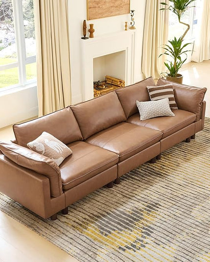 CHITA 127" Super Large Sectional Couches for Living Room, Modular Cloud Couch Sectional Sofa, Premium Genuine Leather Sofa, Down Filled, High Density Foam, Real Leather in Saddle, 3 Seater
