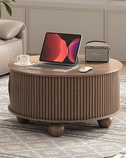 Round Coffee Table with Storage, 31.5" Circle Coffee Table with Sliding Door & Bun Feet, Fluted Center Table for Living Room, Home Small Space, Walnut