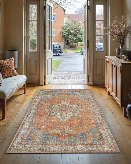 GLN Rugs Traditional Collection - Machine Washable Area Rug, Traditional Washable, Non Slip, Low Pile Chenille Rug, Living Room, Bedroom, Kitchen Rug (2'6"x7' Burnt Orange)
