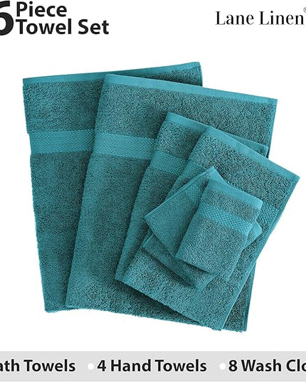 LANE LINEN 100% Cotton Luxury Bath Towel Set - 16 Pieces - Ring Spun, Quick Dry, Highly Soft & Absorbent - 4 Bath Towels, 8 Washcloths, 4 Hand Towels for Bathroom - Sustainably Produced - Sea Port