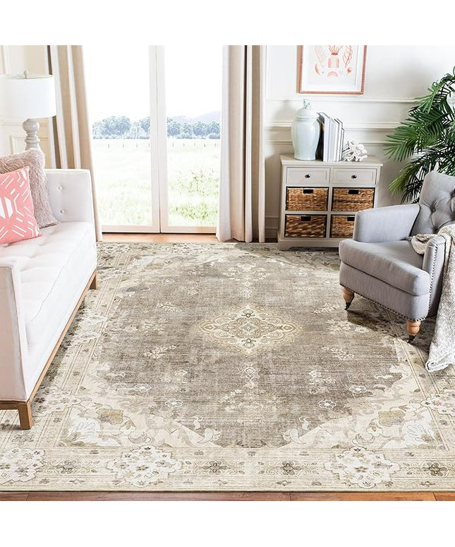 MUJOO Beige Rug 6'x9',Washable Area Rugs for Living Room Bedroom Dining Room, Large Boho Vintage Farmhouse Distressed Non Slip Carpet,Floral Flowers
