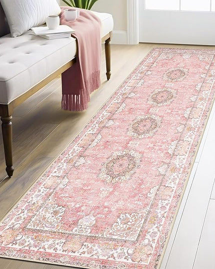 Washable Runner Rug 2'x8',Pink Rug Runners Non Slip,Long Boho Rugs for Hallways Kitchen Bathroom Bedroom Entryway,Vintage Bohemian Distressed Floor Carpet,Blush Floral Flowers
