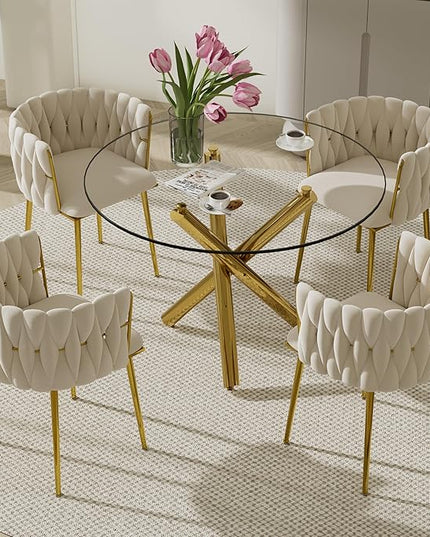 5 Pieces Round Glass Dining Set, 4 Person Modern Luxury Circle Kitchen Table Set, 36'' Clear Minimalist Circular Glass Top Dinner Room Set with Ivory Woven Chair, for Small Place (Golden)