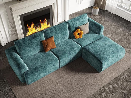 EASE MOOSE Sectional Cloud Couch for Living Room, Modular Boneless Sofa Large L-Shaped, Modern Cloud Sofa Set with Fluffy Foam, Oversized 4-Seater Deep Sofas with Ottoman for Bedroom, Chenille (Blue)