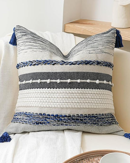 BlissBlush Navy Dark Blue Decorative Throw Pillow Cover 18x18 Square Boho Accent Pillowcase Tassels Farmhouse Cushion for Couch Sofa Bedroom Living Room Home Décor Cover ONLY