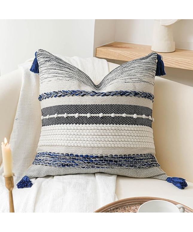BlissBlush Navy Dark Blue Boho Throw Pillow Cover 22x22 Grey Decorative Accent Pillow for Couch Square Woven Textured Pillowcase Modern Boho Pillow for Bed, Bohemian Pillow Cover (Pack of 1)