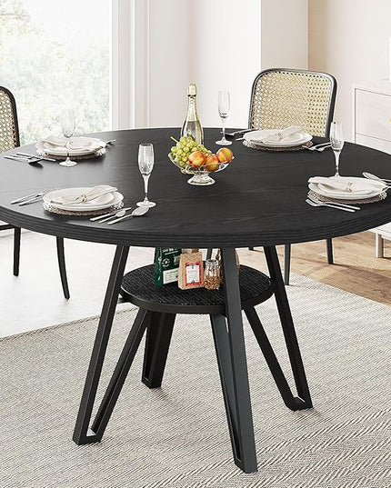 LIKIMIO Round Dining Table for 4, 47.2” Wooden Kitchen Table with Rattan Storage Shelf, Space-Saving for Modern Dining Room, Living Room, Black