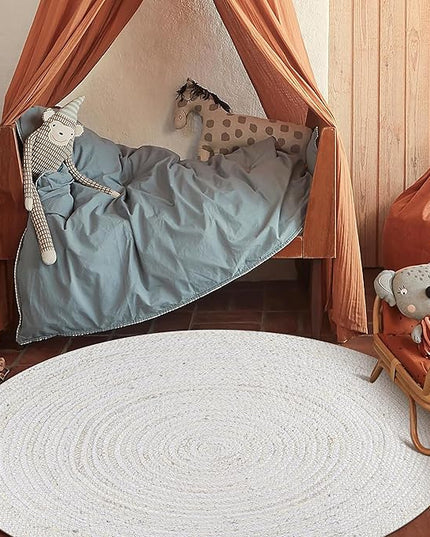 Hand Woven Jute Area Rug - 4' Round - Rustic White Reversible Farmhouse Rugs for Bedroom, Kitchen, Living Room - Vintage Natural Braided Entry Floor Décor Circle Boho 4ft Round Rug
