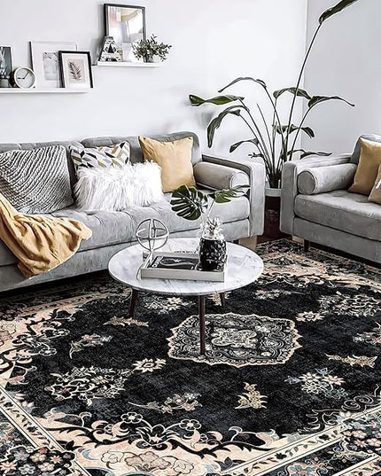 MUJOO Black Rug 8'x10' Area Rugs for Living Room Bedroom Dining Room,Large Washable Boho Bohemian Vintage Distressed Farmhouse Non Slip Carpet, Floral Flowers