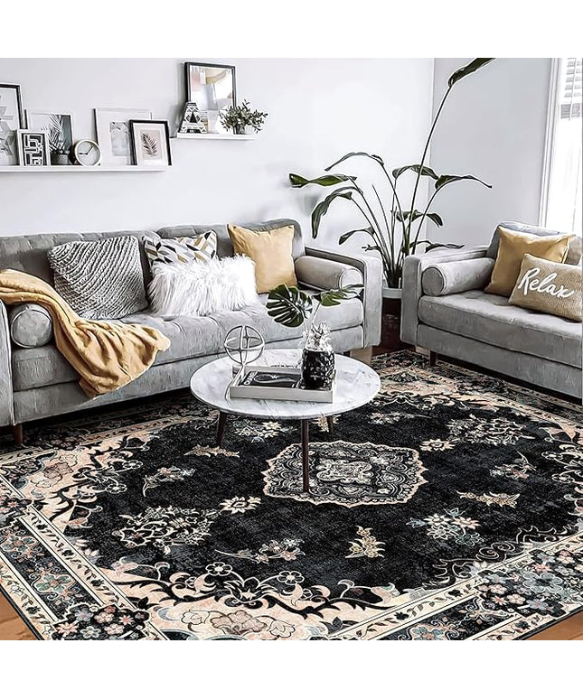 MUJOO Black Rug 8'x10' Area Rugs for Living Room Bedroom Dining Room,Large Washable Boho Bohemian Vintage Distressed Farmhouse Non Slip Carpet, Floral Flowers