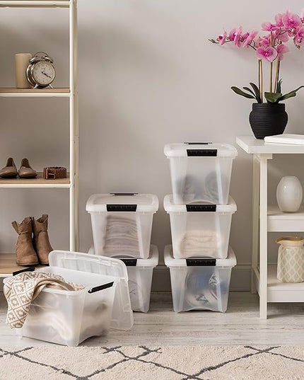 IRIS USA 19 Qt Stackable Plastic Storage Bins with Lids, 6 Pack - BPA-Free, Made in USA - Discreet Organizing Solution, Latches, Durable Nestable Containers, Secure Pull Handle - Pearl