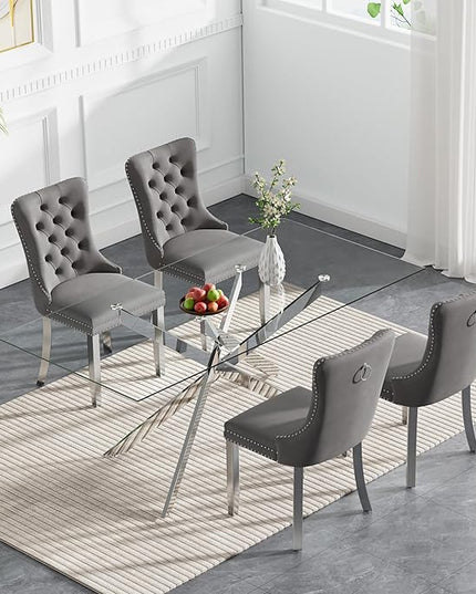 Rectangle Glass Dining Table Set for 4, 60'' Kitchen Table and Chairs Set, 5PCS Modern Dining Room Table Set with 4 Velvet Dining Chair for Home