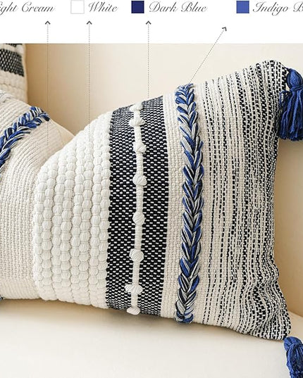 BlissBlush Navy Dark Blue Decorative Throw Pillow Cover 20x20 Square Boho Accent Pillowcase Tassels Farmhouse Cushion for Couch Sofa Bedroom Living Room Home Décor Cover ONLY