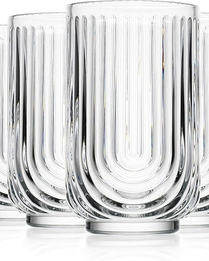 Glaver's Vintage Glassware Art Deco Glasse Ribbed Drinking Glasses U-Shape Arch Design Colored Cocktail Kitchen Tumblers Everyday Dinner Decorative Party (Clear S/4 17oz)