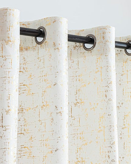 Taisier Home Gold Foil Print Linen Textured Curtains - Geometric Dots Pattern Design for Nursery, Toy Room - Thermal Insulated Window Treatment, 2 Panels, 63" L, Off White and Gold