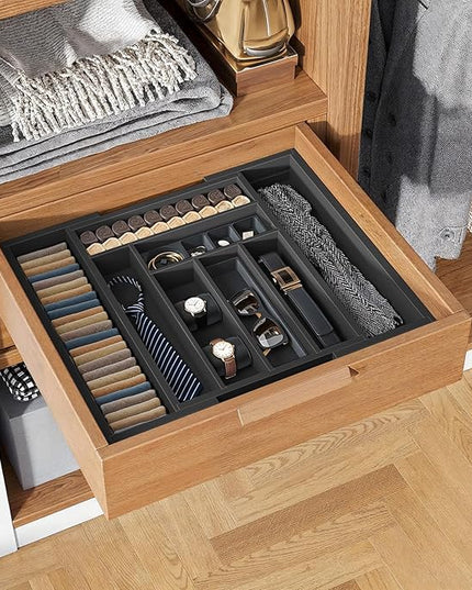 Pipishell Bamboo Expandable Drawer Organizer for Utensils Holder, Adjustable Cutlery Tray, Wood Drawer Dividers Organizer for Silverware, Flatware, Knives in Kitchen, Bedroom, Living Room (Black)
