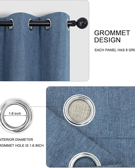 Blue Linen Blackout Curtains 96 Inch Length 2 Panels Set for Bedroom Living Room Grommet 100% Black Out Linen Drapes Room Darkening Window Curtains 96 Inches Long Stone Blue