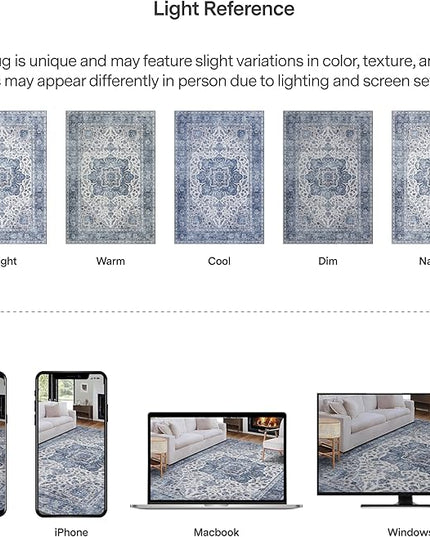 ReaLife Rugs Machine Washable Area Rug Runner - Living Room Bedroom Bathroom Kitchen Entryway Office - Padded Low Pile Stain Resistant Premium - Boho Farmhouse Vintage - Joy - Blue Ivory 2'6" x 6'