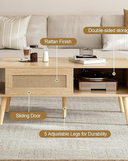 Wood Coffee Table with Storage, Boho Dining Table with Sliding Rattan Door Panel and Solid Wood Legs, Small Coffee Tables for Living Room, Oak (Oak_LSJ008)