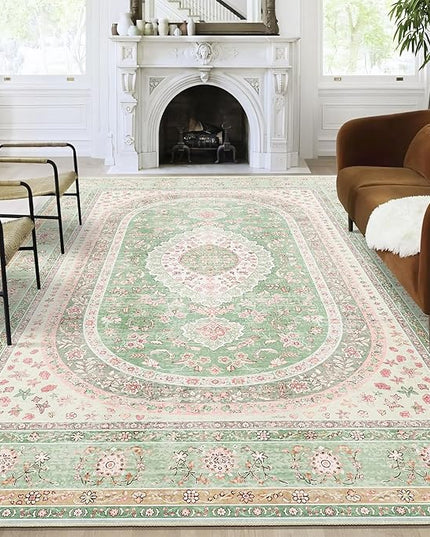 9x12 Area Rugs Washable,Green Rug for Living Room Bedroom Dining Room,Large Boho Vintage Bohemian Distressed Oriental Carpet Non Slip,Sage Blush Floral