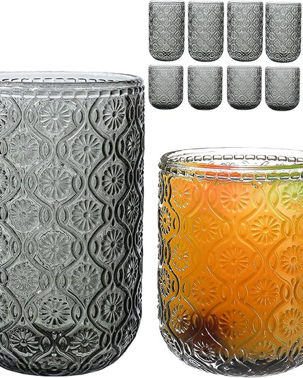 Grey Drinking Glasses Set of 12, 12 Oz Highball & 10 Oz Cocktail Glasses, Grey Kitchen Vintage Glassware Set, Floral Embossed Glass Tumbler Cups for Water, Beer, Juice, Whiskey, Coffee