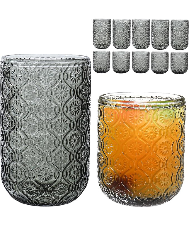 Grey Drinking Glasses Set of 12, 12 Oz Highball & 10 Oz Cocktail Glasses, Grey Kitchen Vintage Glassware Set, Floral Embossed Glass Tumbler Cups for Water, Beer, Juice, Whiskey, Coffee