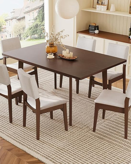 7-Piece Dining Set Modern Dinner Table set for 6, Wood Dining Table with 6 Upholstered Chairs, 60" Rectangular Table with Stackable Chairs Padded Seat Backrest for Dining Room Kitchen Apartment