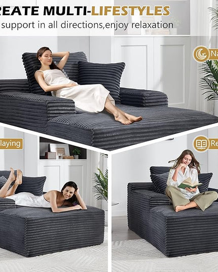 67" Boneless Chaise Lounge Chair,Indoor Corduroy Oversized Sleeper Sofa w/9.9'' Wide Armrest & 3 Soft Pillows, Convertible Boneless Sofa Bed - 2-in-1 Chair & Ottoman for Reading, Living Room,Grey