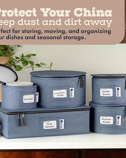 Hard Shell China Storage Containers 5-Piece Set Moving Boxes for Dinnerware, Glasses, Plates, Mugs and Saucers Sturdy Dish Organizer with Dividers for Seasonal Storage - Service for 12 - Denim Blue